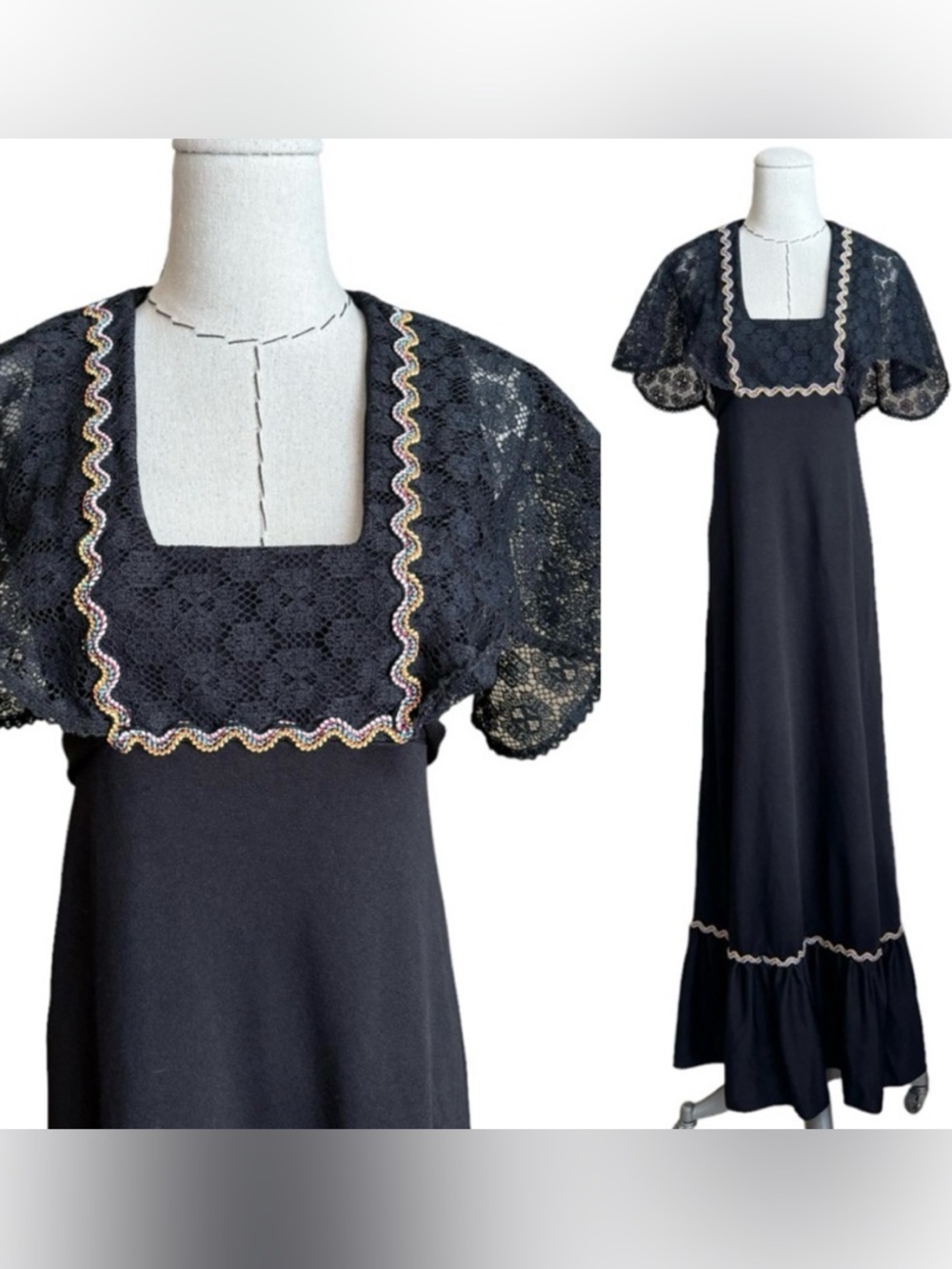 Vintage 70s Black Poly Maxi Dress Lace Sleeves Gunne Hippie Boho XS S